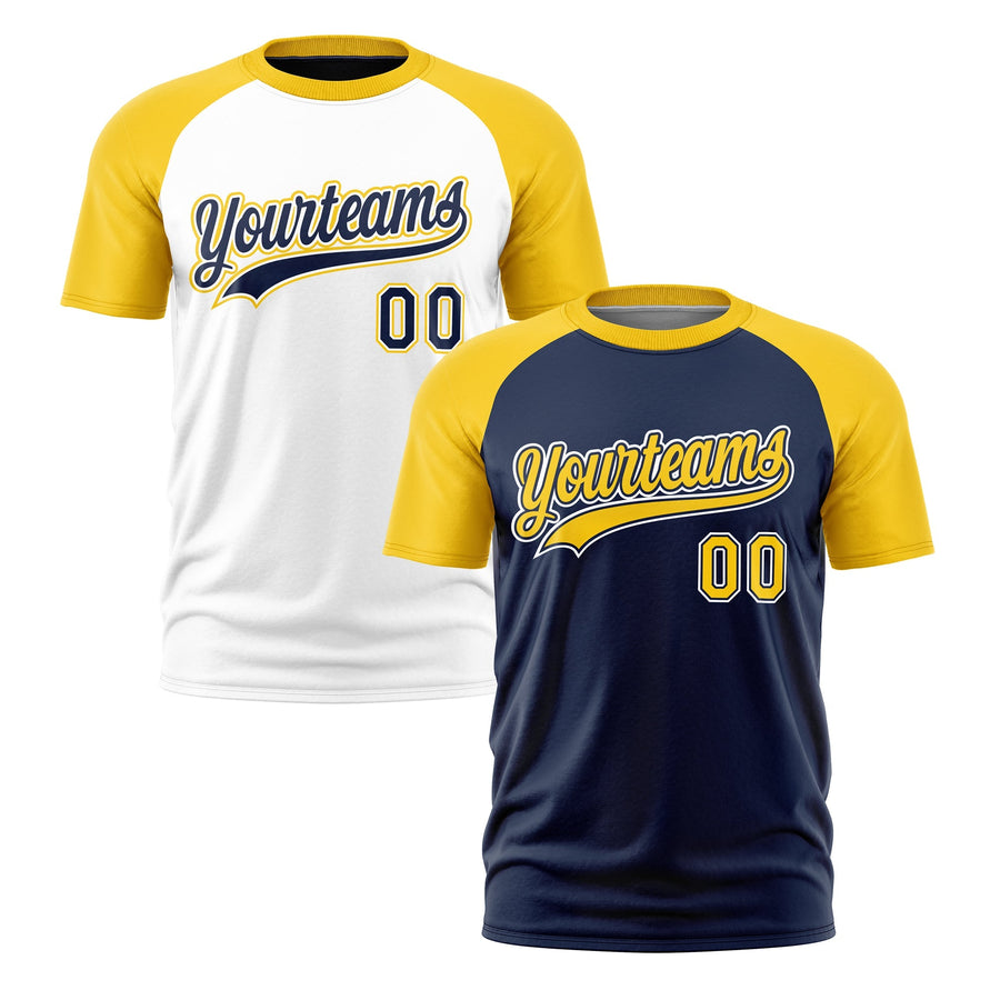 Custom Navy Gold White T-shirt Reversible Raglan Sleeves Quick Dry | BuyFootballJersey