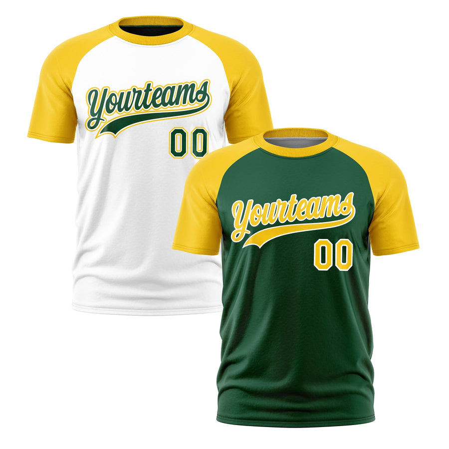 Custom Dark Green White Gold T-shirt Reversible Raglan Sleeves Moisture-Wicking | BuyFootballJersey