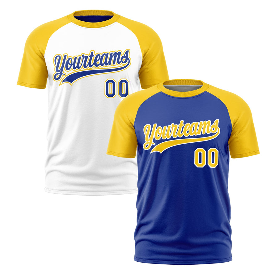 Custom Royal Blue Gold White T-shirt Reversible Raglan Sleeves Quick Dry | BuyFootballJersey