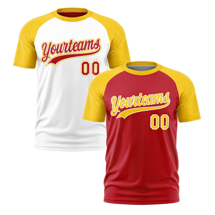 Custom Red Gold White T-shirt Reversible Raglan Sleeves Moisture-Wicking | BuyFootballJersey