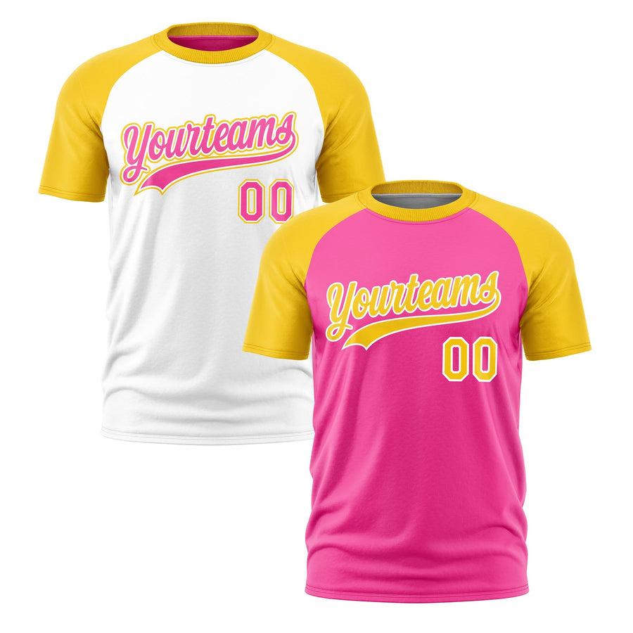 Custom Pink Gold White T-shirt Reversible Raglan Sleeves Quick Dry | BuyFootballJersey