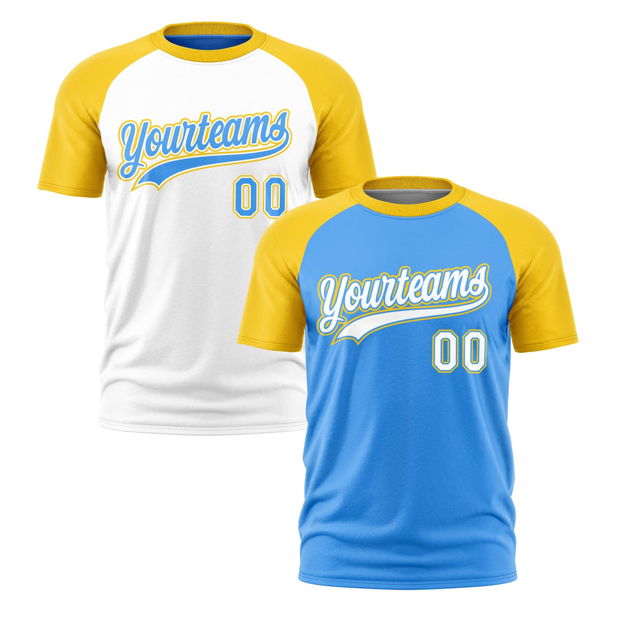 Custom Powder Blue Gold White T-shirt Reversible Raglan Sleeves Moisture-Wicking | BuyFootballJersey