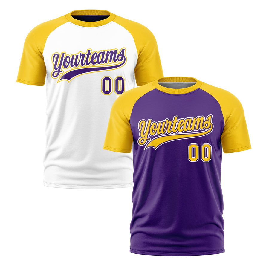 Custom Purple Gold White T-shirt Reversible Raglan Sleeves Quick Dry | BuyFootballJersey