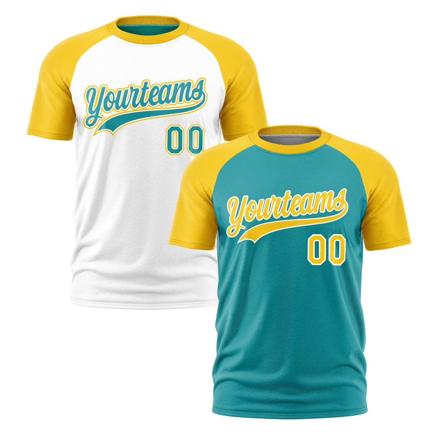 Custom Aqua Gold White T-shirt Reversible Raglan Sleeves Moisture-Wicking | BuyFootballJersey