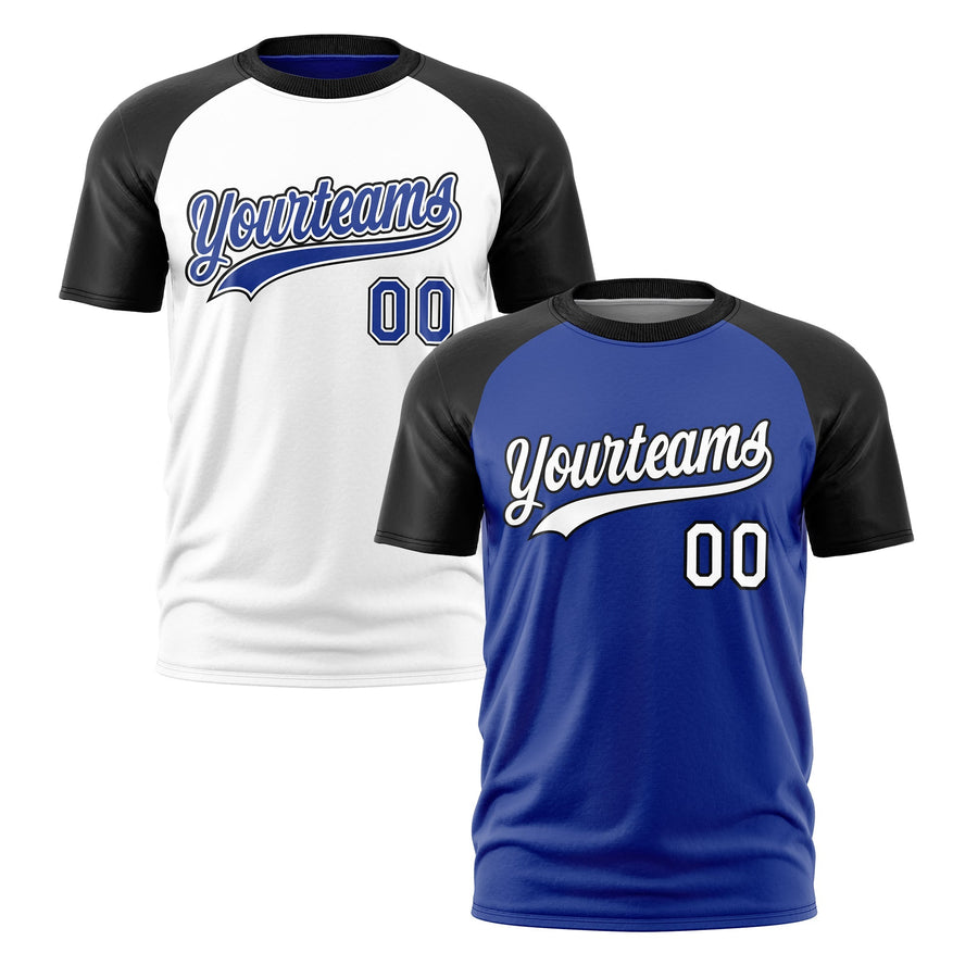 Custom Royal Blue Black White T-shirt Reversible Raglan Sleeves Moisture-Wicking | BuyFootballJersey