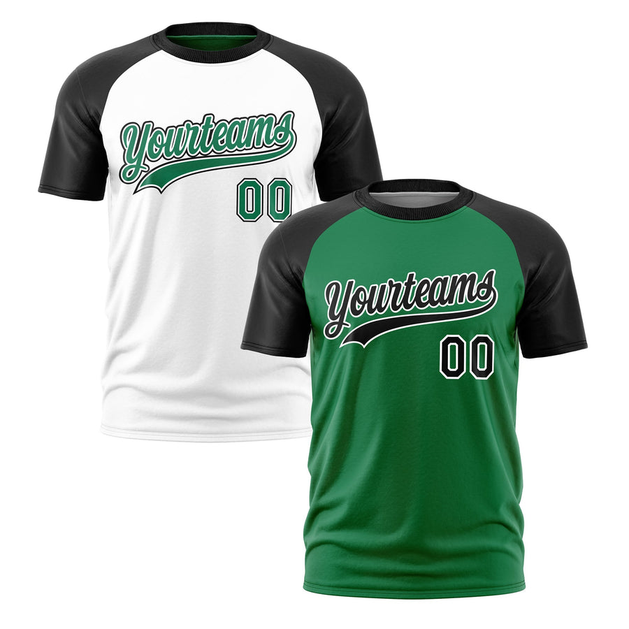 Custom Kelly Green Black White T-shirt Reversible Raglan Sleeves Quick Dry | BuyFootballJersey