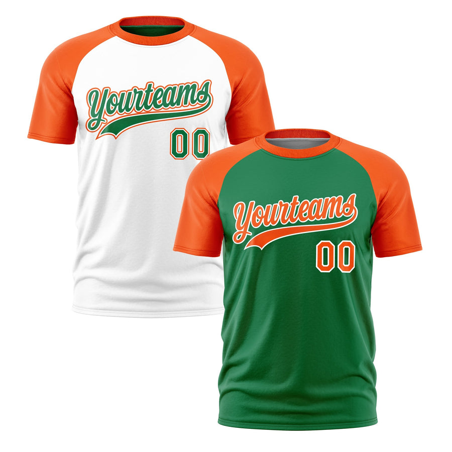 Custom Kelly Green Orange White T-shirt Reversible Raglan Sleeves Quick Dry | BuyFootballJersey