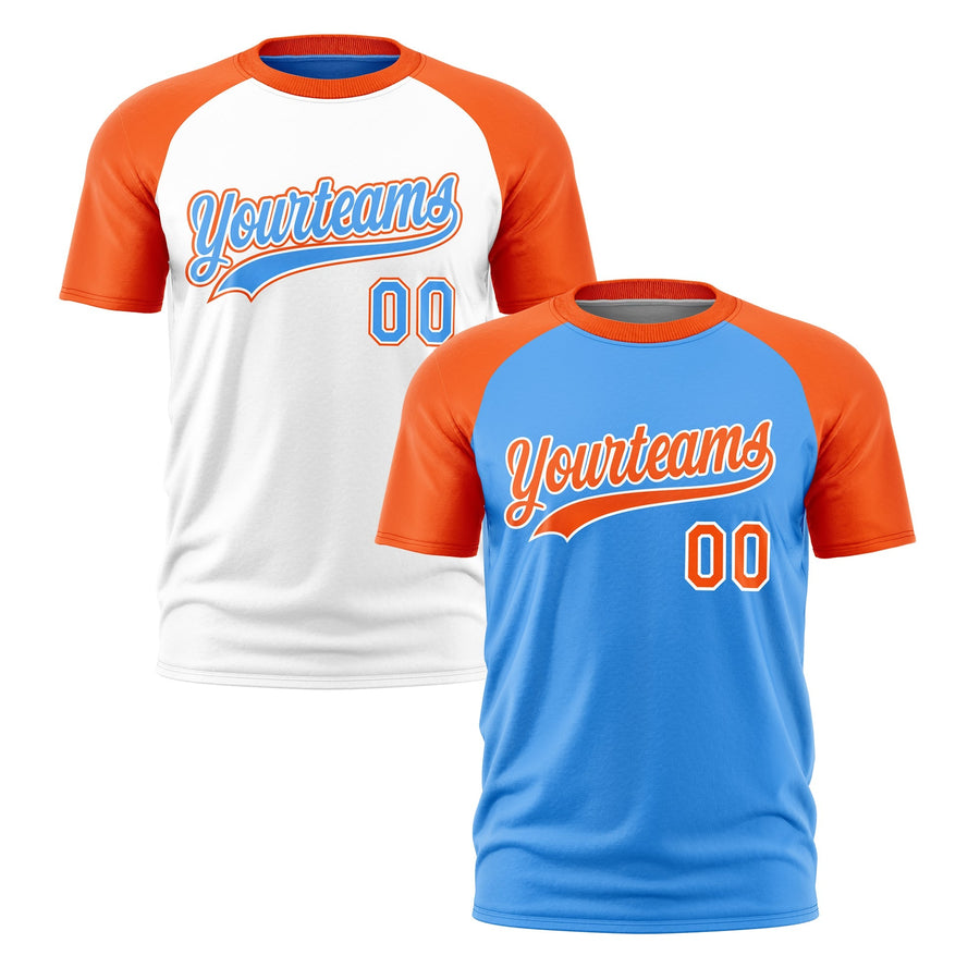 Custom Powder Blue Orange White T-shirt Reversible Raglan Sleeves Moisture-Wicking | BuyFootballJersey