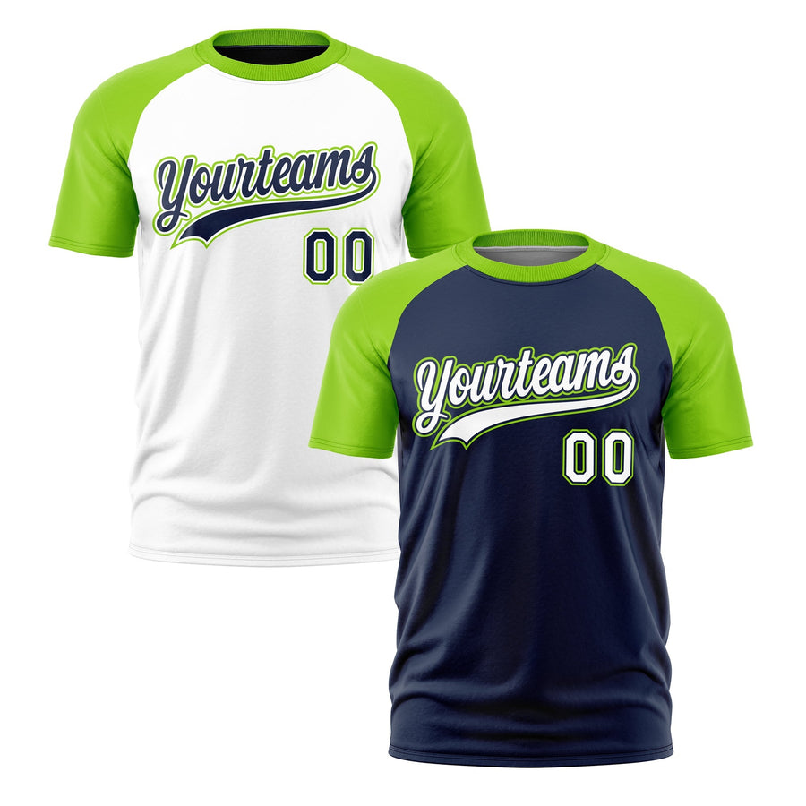 Custom Navy Neon Green White T-shirt Reversible Raglan Sleeves Quick Dry | BuyFootballJersey