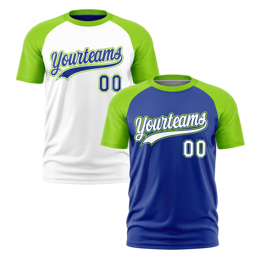 Custom Royal Blue Neon Green White T-shirt Reversible Raglan Sleeves Moisture-Wicking | BuyFootballJersey
