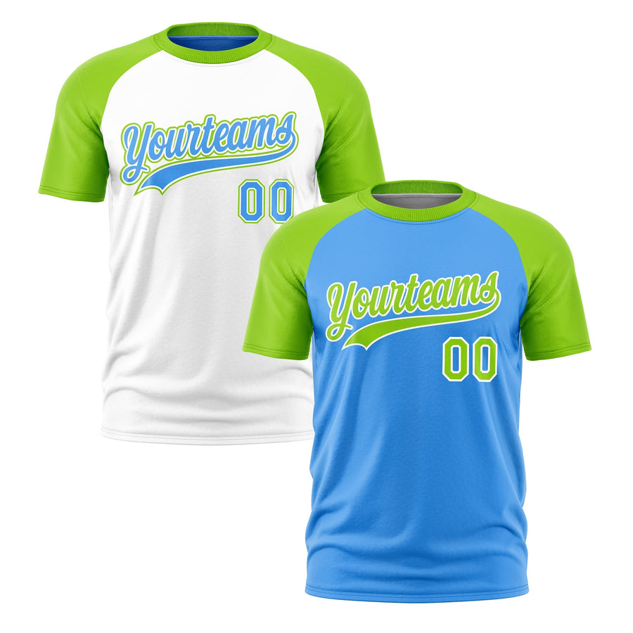 Custom Powder Blue Neon Green White T-shirt Reversible Raglan Sleeves Quick Dry | BuyFootballJersey
