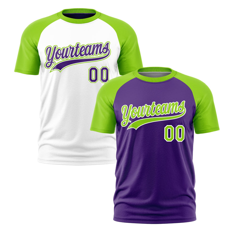 Custom Purple Neon Green White T-shirt Reversible Raglan Sleeves Moisture-Wicking | BuyFootballJersey