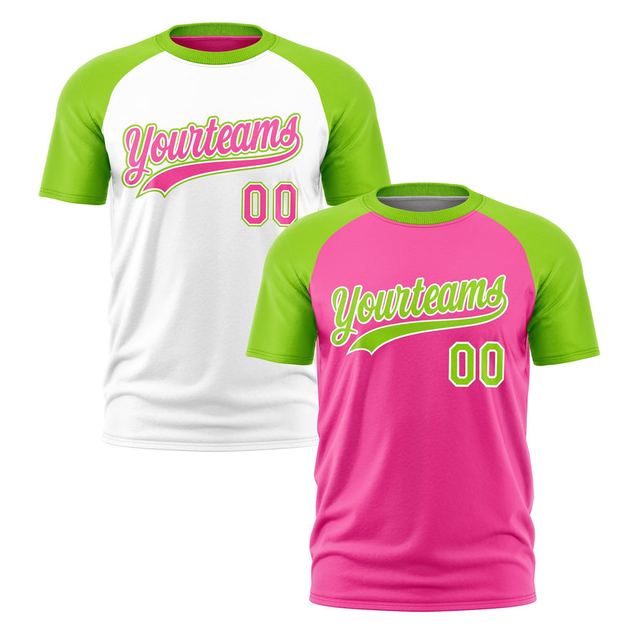 Custom Pink Neon Green White T-shirt Reversible Raglan Sleeves Quick Dry | BuyFootballJersey