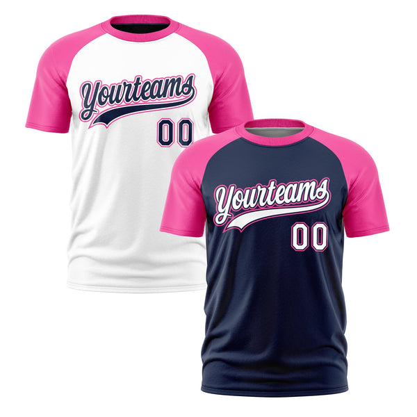 Custom White Pink Navy T-shirt Reversible Raglan Sleeves Moisture-Wicking | BuyFootballJersey