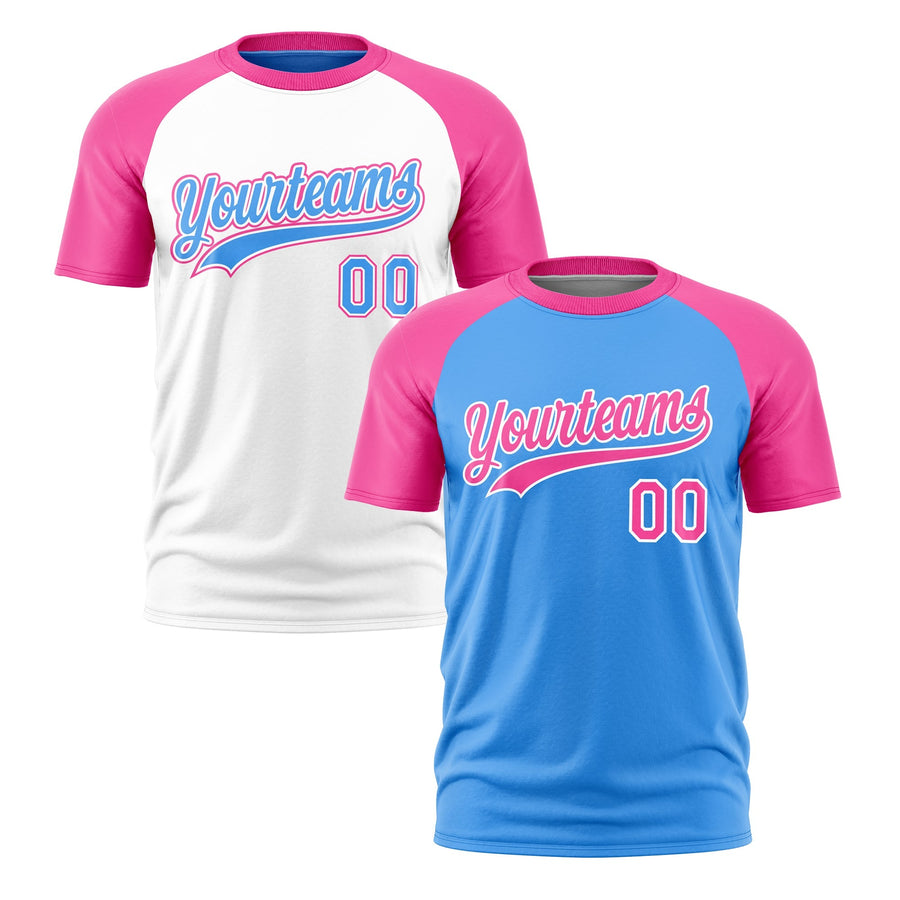 Custom Powder Blue Pink White T-shirt Reversible Raglan Sleeves Quick Dry | BuyFootballJersey