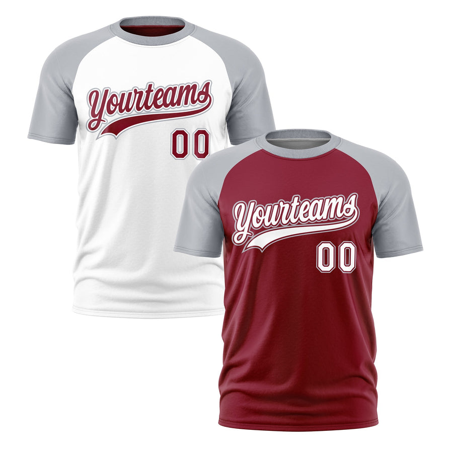 Custom Crimson Silver White T-shirt Reversible Raglan Sleeves Moisture-Wicking | BuyFootballJersey