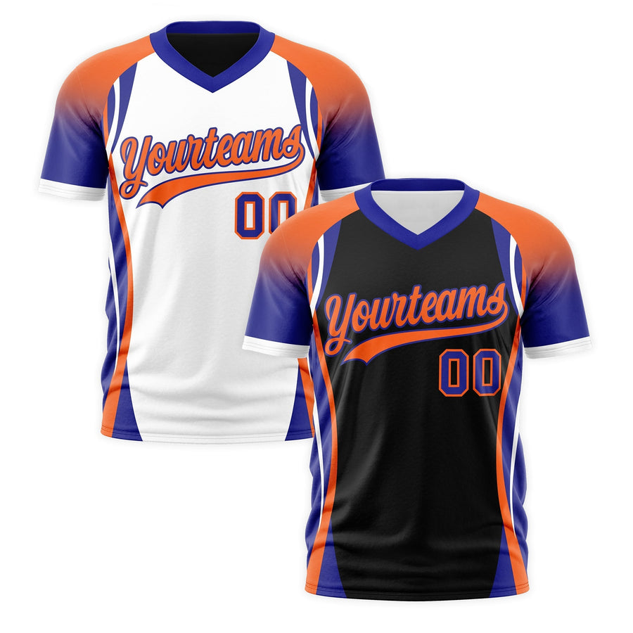 Custom V-Neck T-Shirt Black Orange Royal Blue Raglan Sleeves Reversible Wrinkle-Resistant | BuyFootballJersey