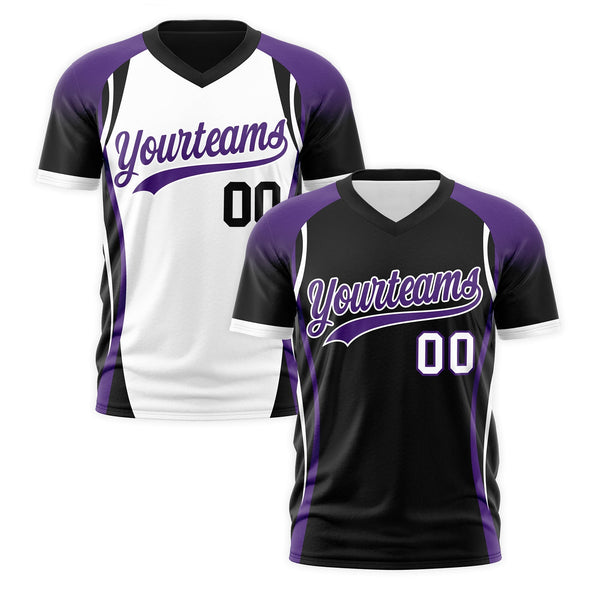 Custom V-Neck T-Shirt Black Purple White Raglan Sleeves Reversible Wrinkle-Resistant | BuyFootballJersey