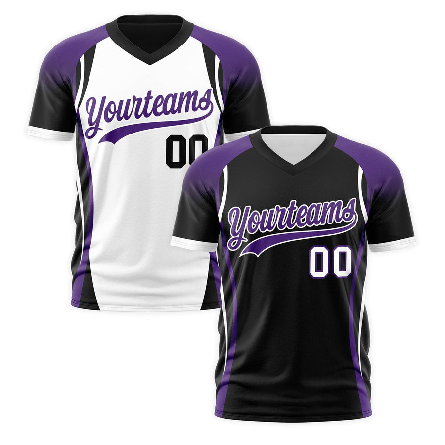 Custom V-Neck T-Shirt Black Purple White Raglan Sleeves Reversible Wrinkle-Resistant | BuyFootballJersey