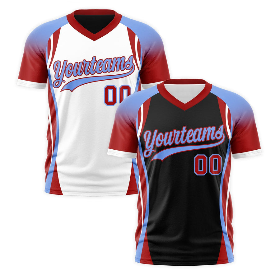 Custom V-Neck T-Shirt Black Light Blue Red Raglan Sleeves Reversible Breathable | BuyFootballJersey