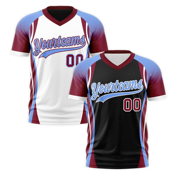 Custom V-Neck T-Shirt Black Light Blue Crimson Raglan Sleeves Reversible Breathable | BuyFootballJersey