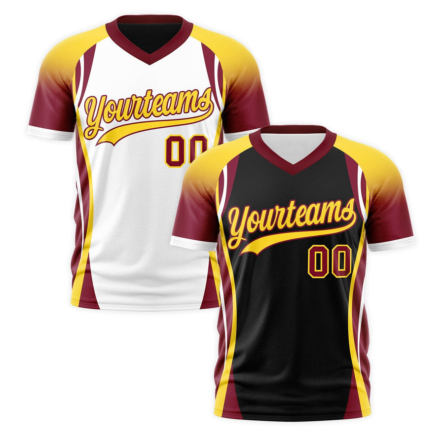 Custom V-Neck T-Shirt Black Gold Crimson Raglan Sleeves Reversible Wrinkle-Resistant | BuyFootballJersey