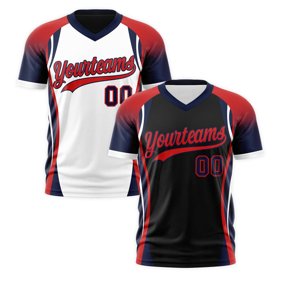 Custom V-Neck T-Shirt Black Red Navy Raglan Sleeves Reversible Moisture-Wicking | BuyFootballJersey