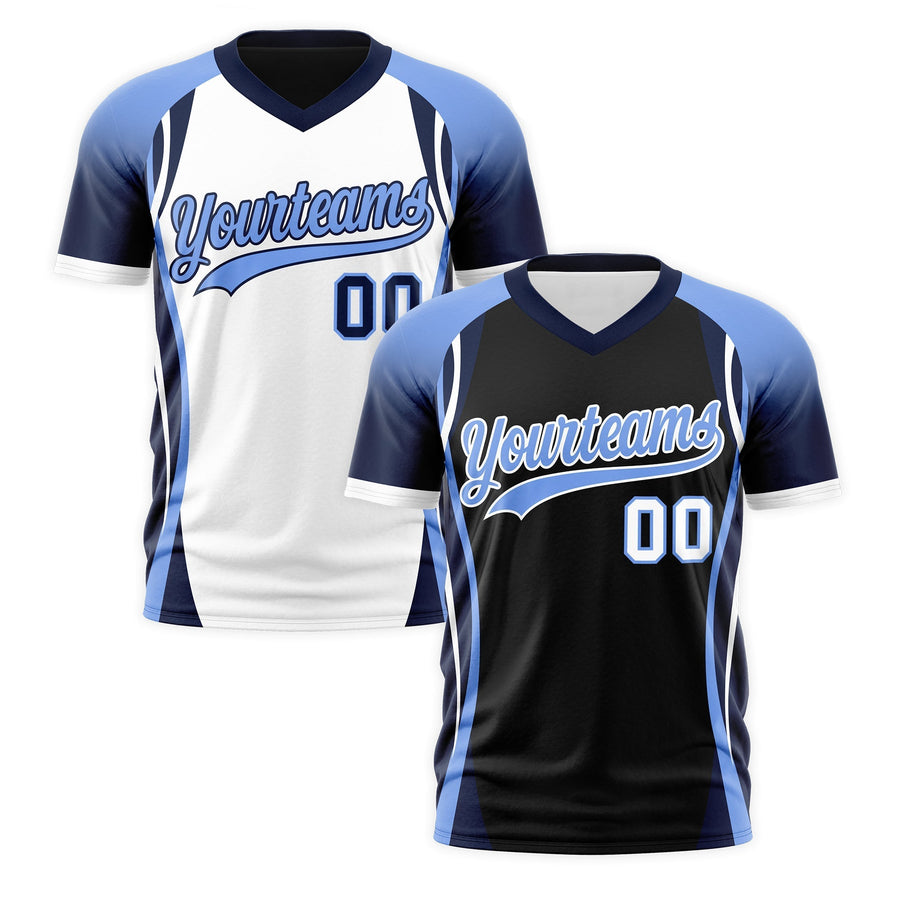 Custom V-Neck T-Shirt Black Light Blue Navy Raglan Sleeves Reversible Wrinkle-Resistant | BuyFootballJersey