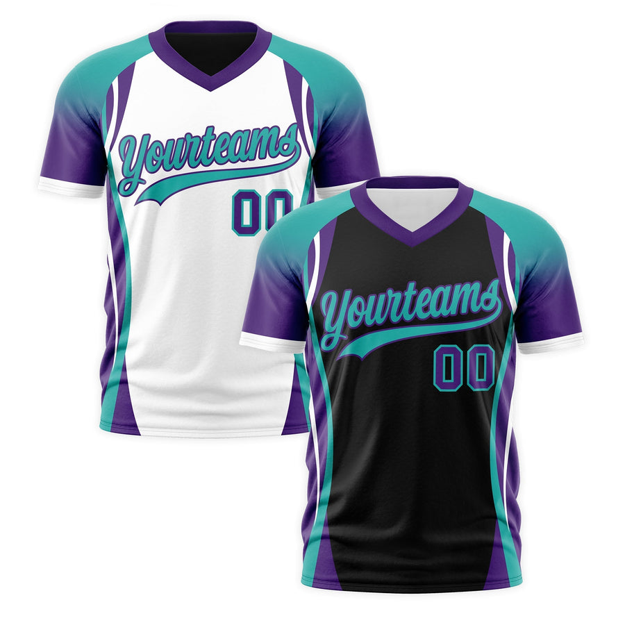 Custom V-Neck T-Shirt Black Aqua Purple Raglan Sleeves Reversible Wrinkle-Resistant | BuyFootballJersey