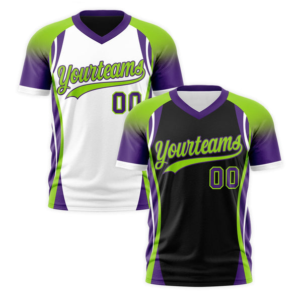 Custom V-Neck T-Shirt Black Neon Green Purple Raglan Sleeves Reversible Breathable | BuyFootballJersey