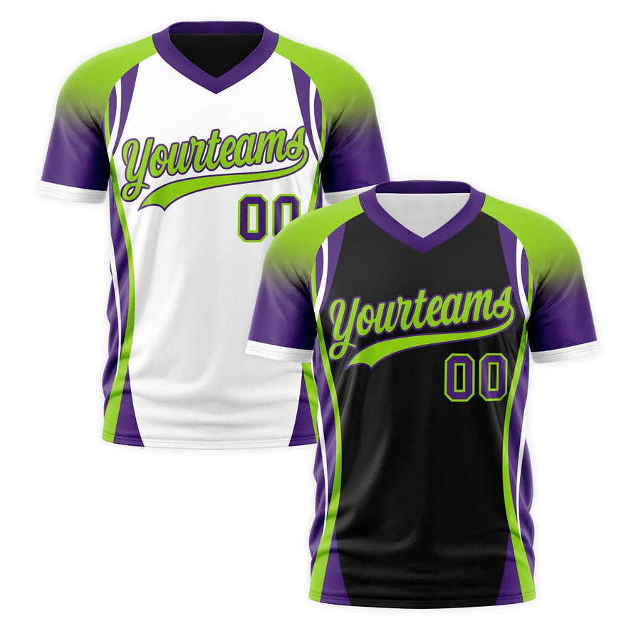 Custom V-Neck T-Shirt Black Neon Green Purple Raglan Sleeves Reversible Breathable | BuyFootballJersey