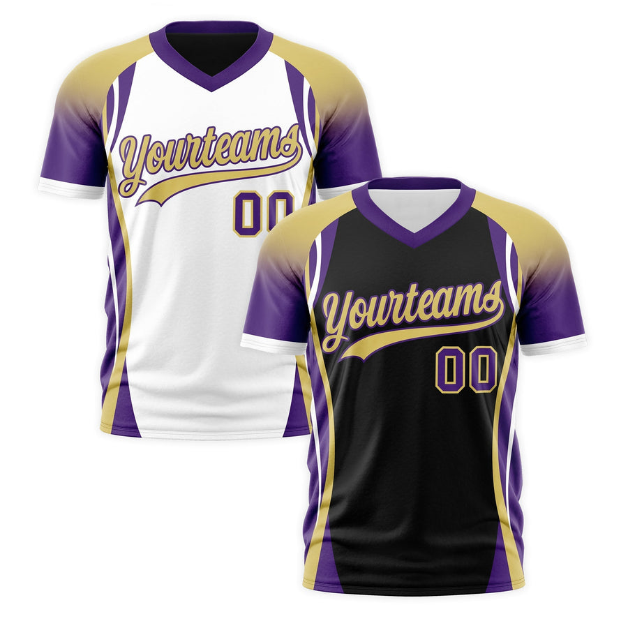Custom V-Neck T-Shirt Black Old Gold Purple Raglan Sleeves Reversible Breathable | BuyFootballJersey