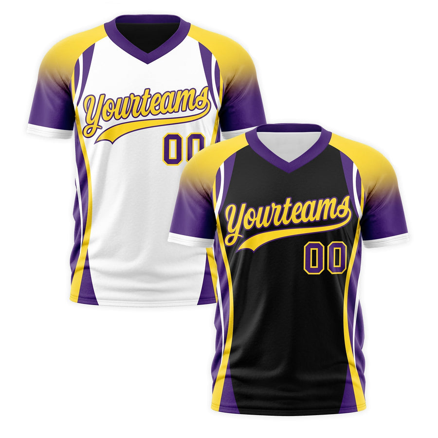 Custom V-Neck T-Shirt Black Gold Purple Raglan Sleeves Reversible Wrinkle-Resistant | BuyFootballJersey