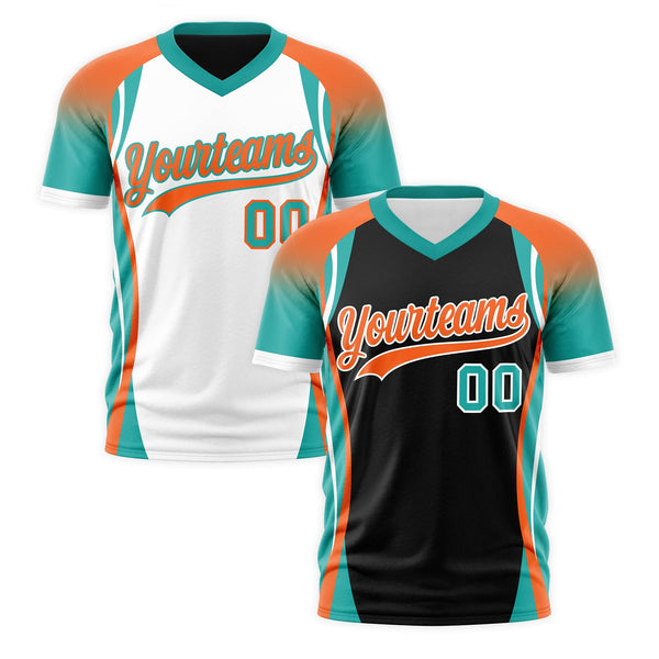 Custom V-Neck T-Shirt Black Orange Aqua Raglan Sleeves Reversible Wrinkle-Resistant | BuyFootballJersey