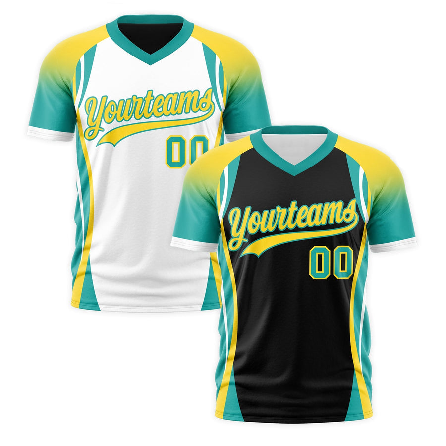 Custom V-Neck T-Shirt Black Gold Aqua Raglan Sleeves Reversible Moisture-Wicking | BuyFootballJersey