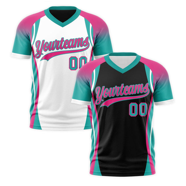 Custom V-Neck T-Shirt Black Rose Red Aqua Raglan Sleeves Reversible Wrinkle-Resistant | BuyFootballJersey