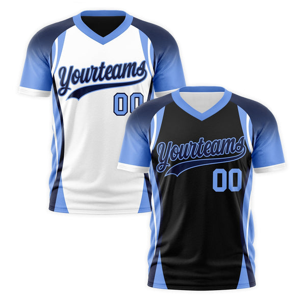 Custom V-Neck T-Shirt Black Navy Light Blue Raglan Sleeves Reversible Lightweight | BuyFootballJersey