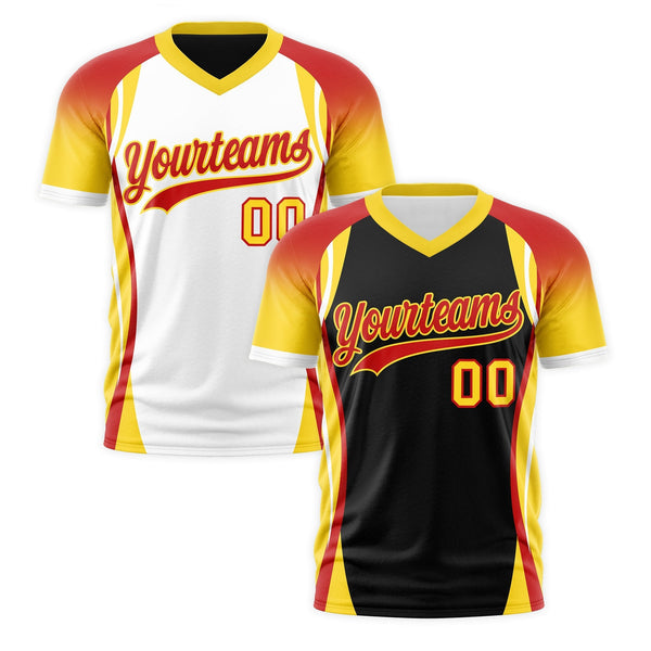 Custom V-Neck T-Shirt Black Red Gold Raglan Sleeves Reversible Wrinkle-Resistant | BuyFootballJersey