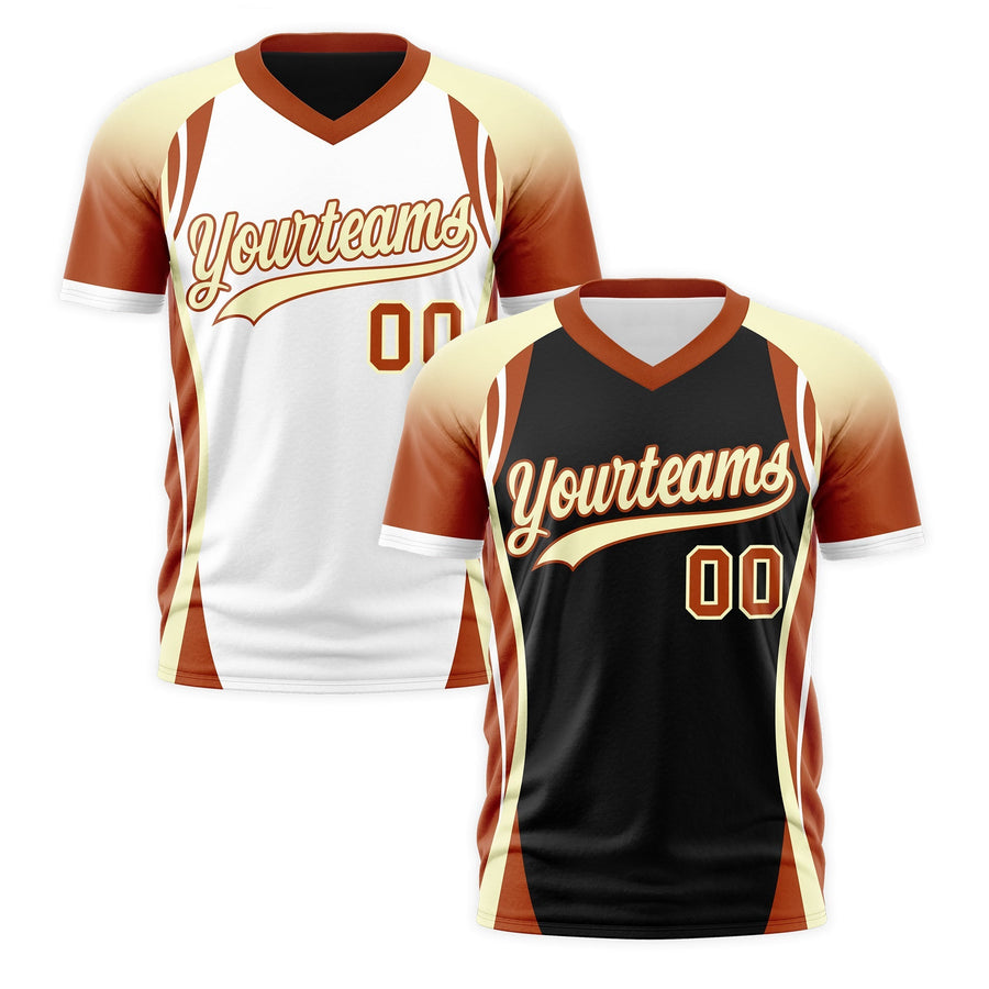 Custom V-Neck T-Shirt Black Cream Dark Orange Raglan Sleeves Reversible Breathable | BuyFootballJersey