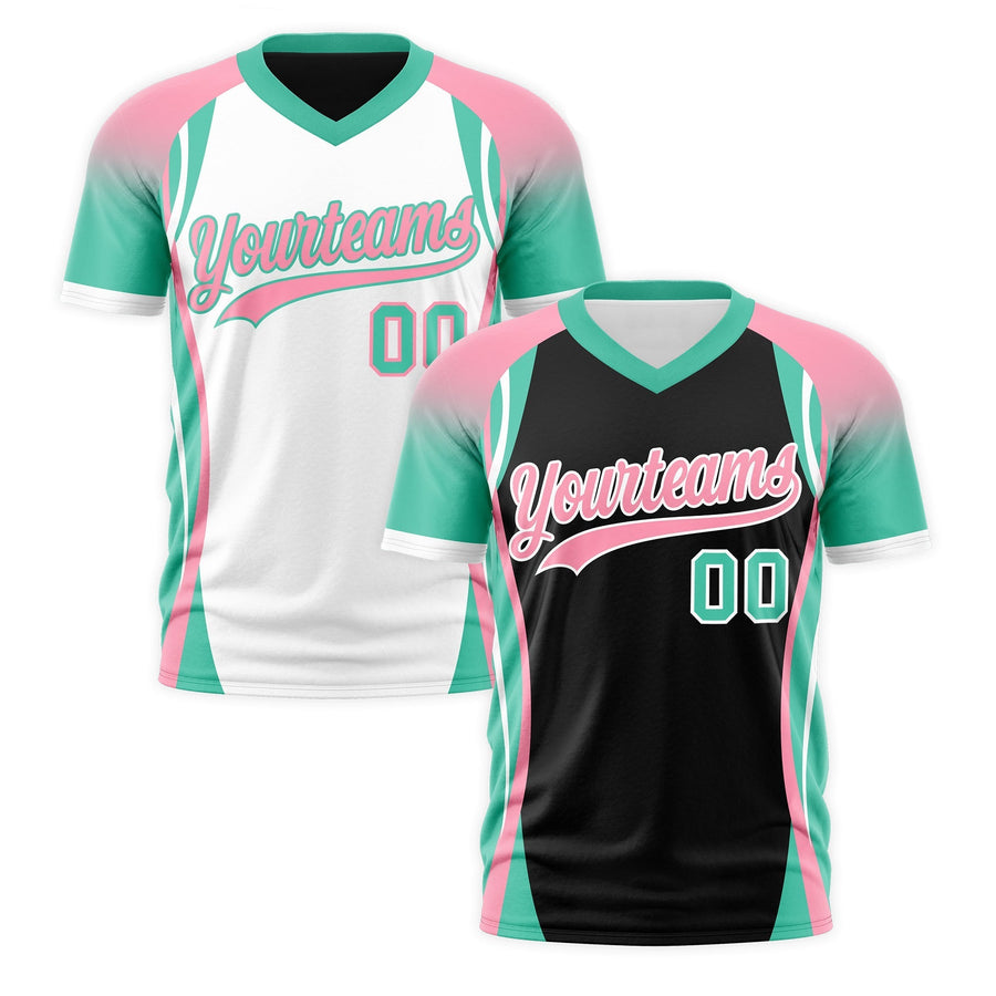 Custom V-Neck T-Shirt Black Light Pink Bright Green Raglan Sleeves Reversible Lightweight | BuyFootballJersey
