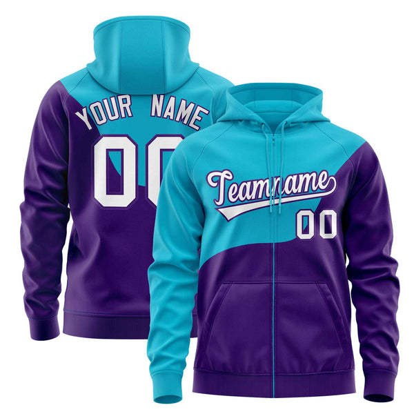 Custom Teal Purple Color Block Varsity Full-Zip Letterman Wave Jacket Hoodie | BuyFootballJersey
