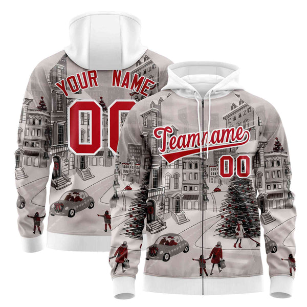 Custom White Red Christmas Graffiti Pattern Athletic Full-Zip Hoodie | BuyFootballJersey