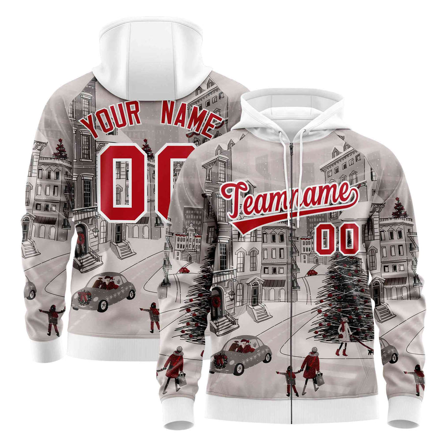 Custom White Red Christmas Graffiti Pattern Athletic Full-Zip Hoodie | BuyFootballJersey