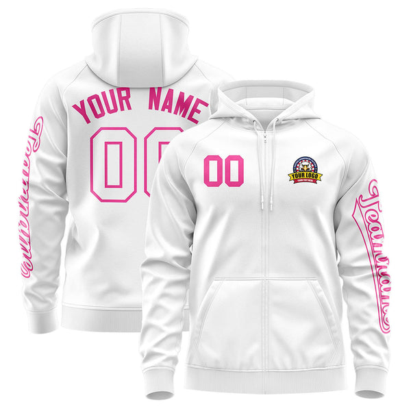 Custom White Pink Varsity Full-Zip Letterman Classic Jacket Hoodie | BuyFootballJersey