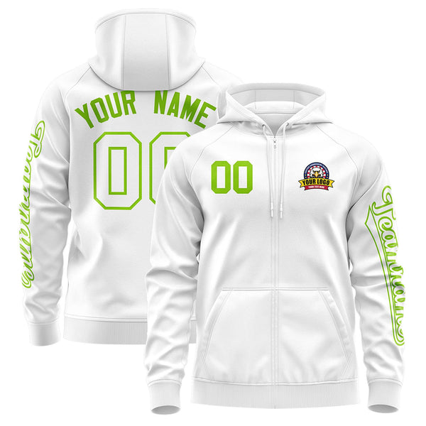 Custom White Neon Green Varsity Full-Zip Letterman Classic Jacket Hoodie | BuyFootballJersey