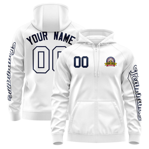 Custom White Navy Varsity Full-Zip Letterman Classic Jacket Hoodie | BuyFootballJersey
