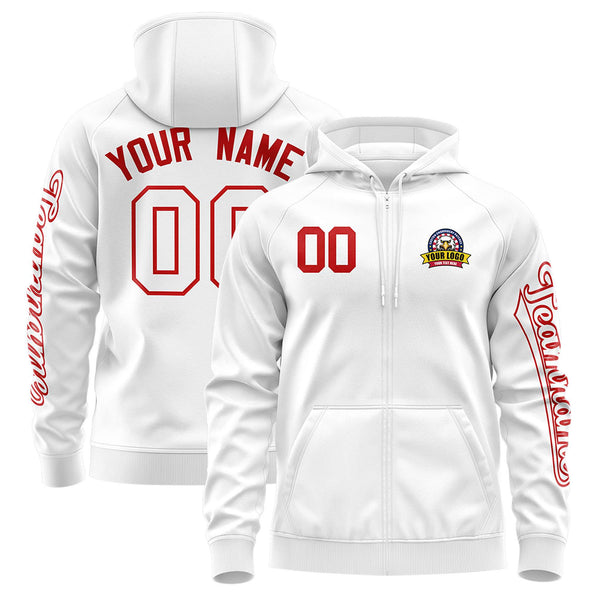 Custom White Red Varsity Full-Zip Letterman Classic Jacket Hoodie | BuyFootballJersey