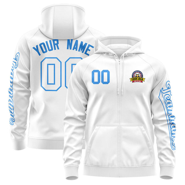 Custom White Powder Blue Varsity Full-Zip Letterman Classic Jacket Hoodie | BuyFootballJersey
