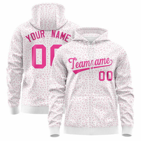 Custom White Pink Varsity Full-Zip Letterman Leopard Print Jacket Hoodie | BuyFootballJersey