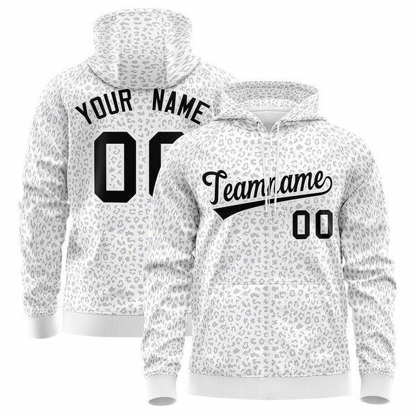 Custom White Black Varsity Full-Zip Letterman Leopard Print Jacket Hoodie | BuyFootballJersey